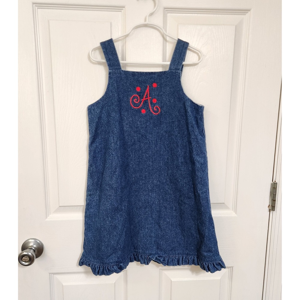 RagsLand Girls Blue Denim Jumper Dress Monogram Initial A Red Embroidery Size 6